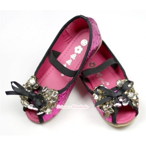 Sparkle Hot Pink Black Bow Crystal Open Toe Shoes 777-20Hot Pink 